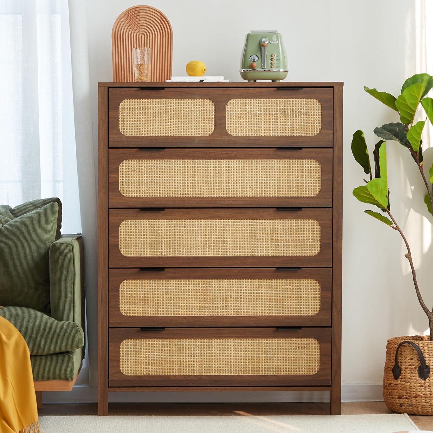 Walnut 5-Drawer Dresser with Rattan Fronts and Metal Handles