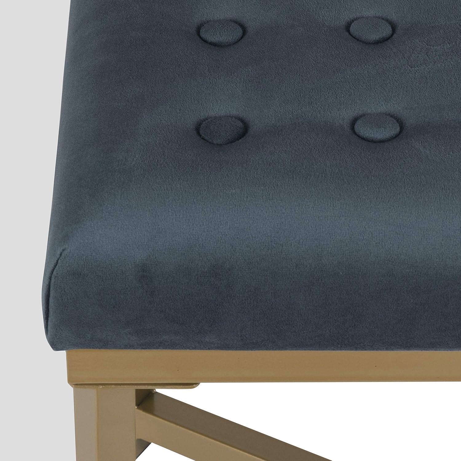 Blue Tufted Velvet Ottoman Bench with Gold Metal Base