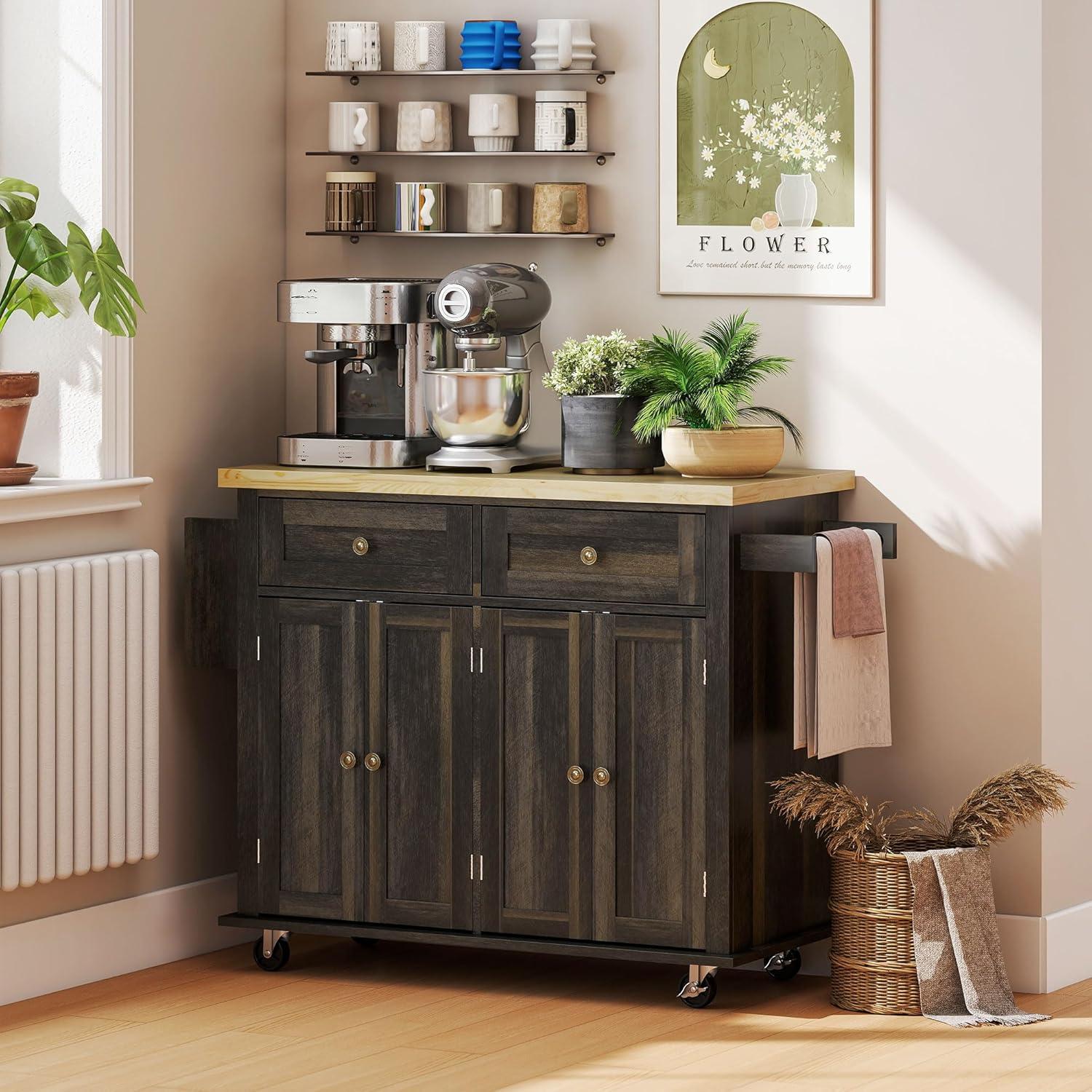 HOMCOM Kitchen Island on Wheels, Rolling Cart with Rubber Wood Top, Spice Rack, Towel Rack & Drawers for Dining Room, Black