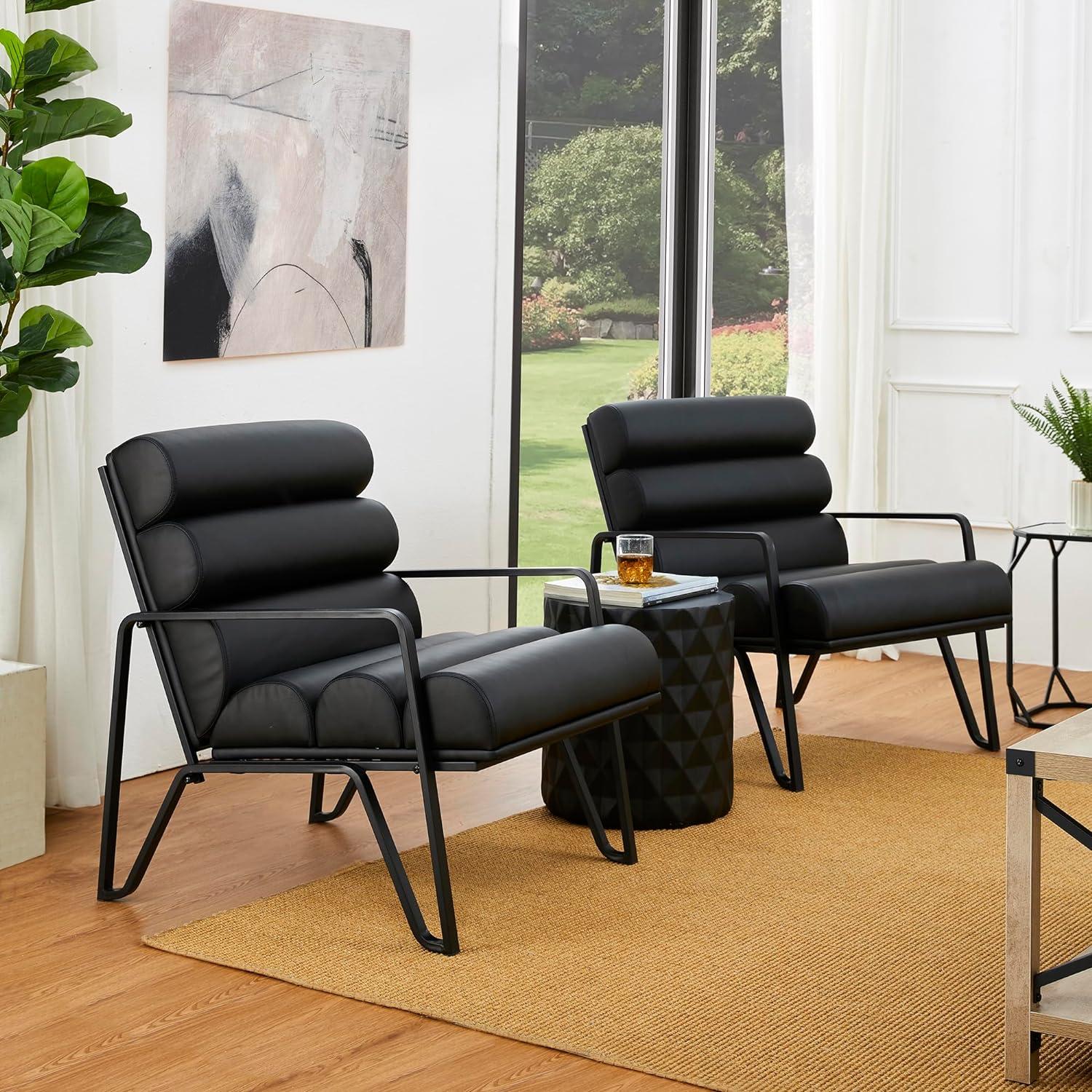 Black Faux Leather Modern Armchair with Metal Frame