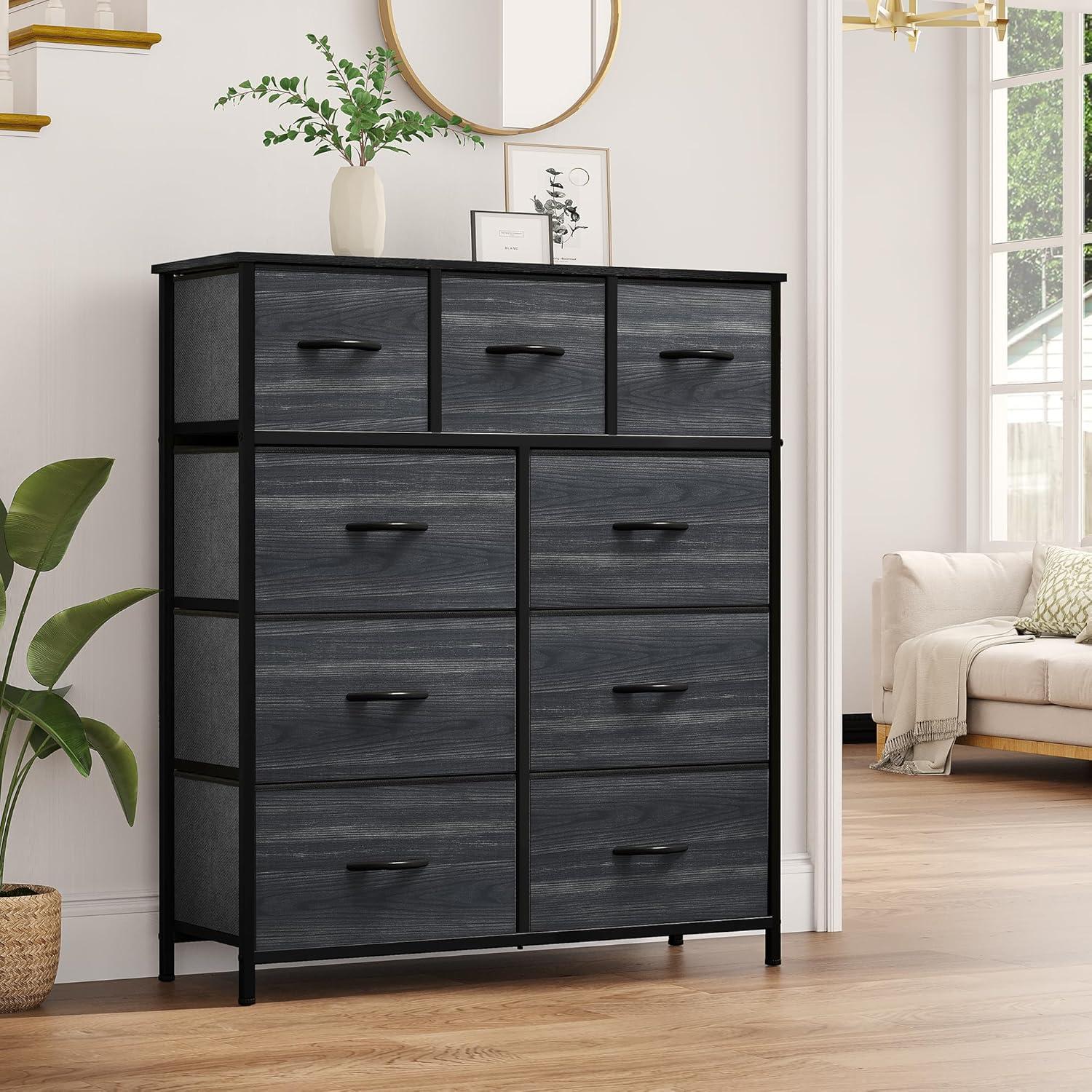 Charcoal Black 9-Drawer Fabric Storage Dresser with Wood Grain Top