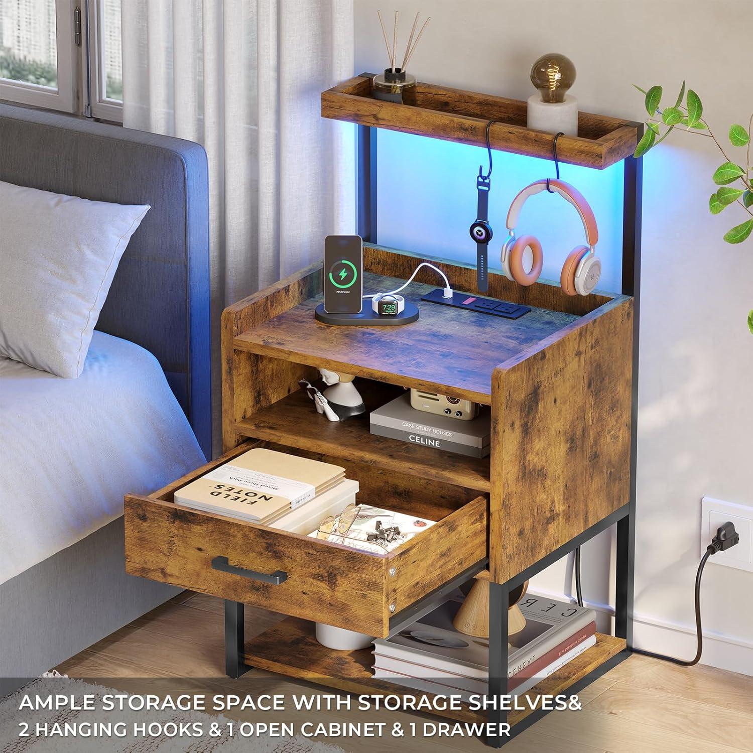 Brown LED Night Stand with Charging Station, Modern Bedside Table for Bedroom
