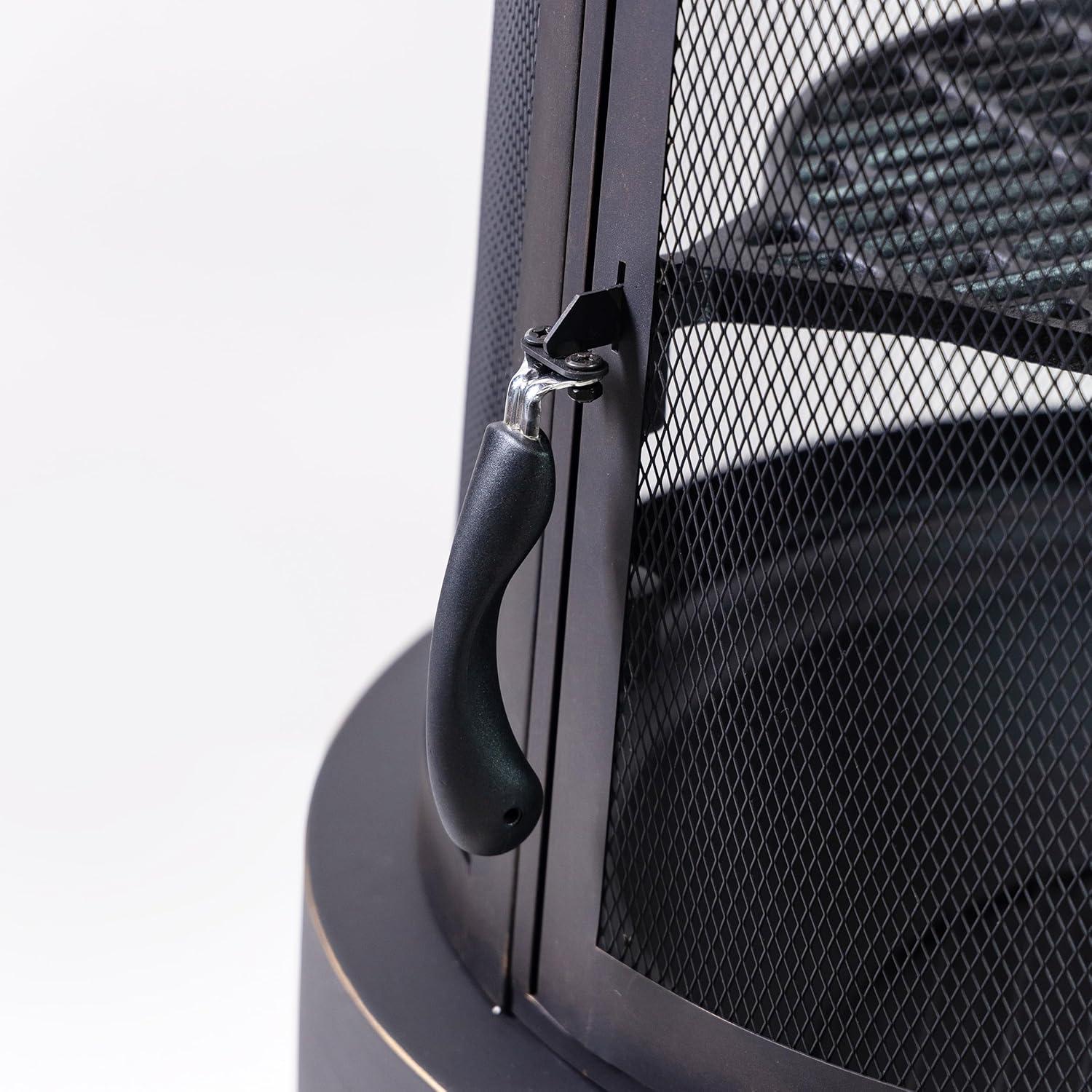 Deko Living Deko Living 30 Inch Diameter Outdoor Steel Wood Burning Chimney Firepit with Cast Iron Cooking Grill and Poker