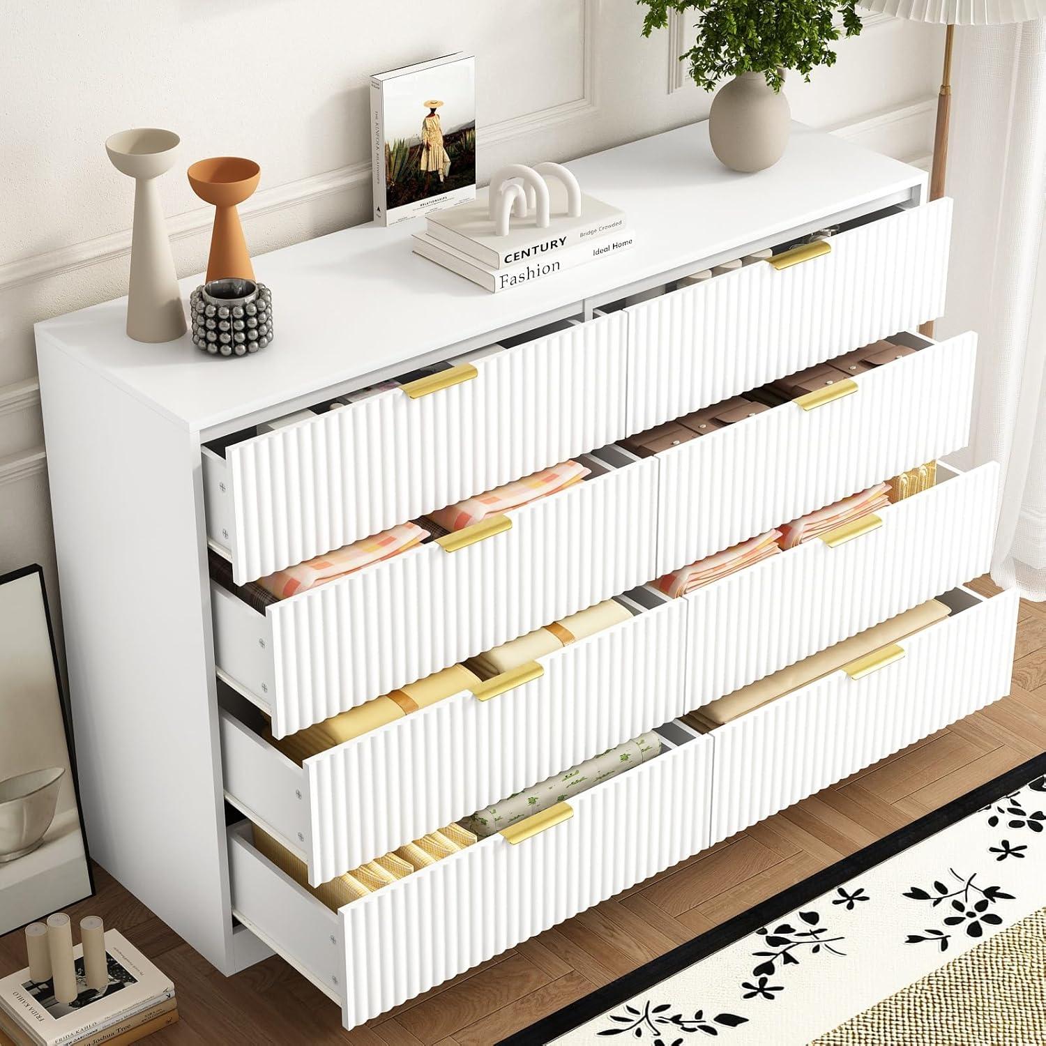 Fluted Dresser For Bedroom With 8 Drawers, 55" Wide Modern Chest Of Drawers With Metal Handle