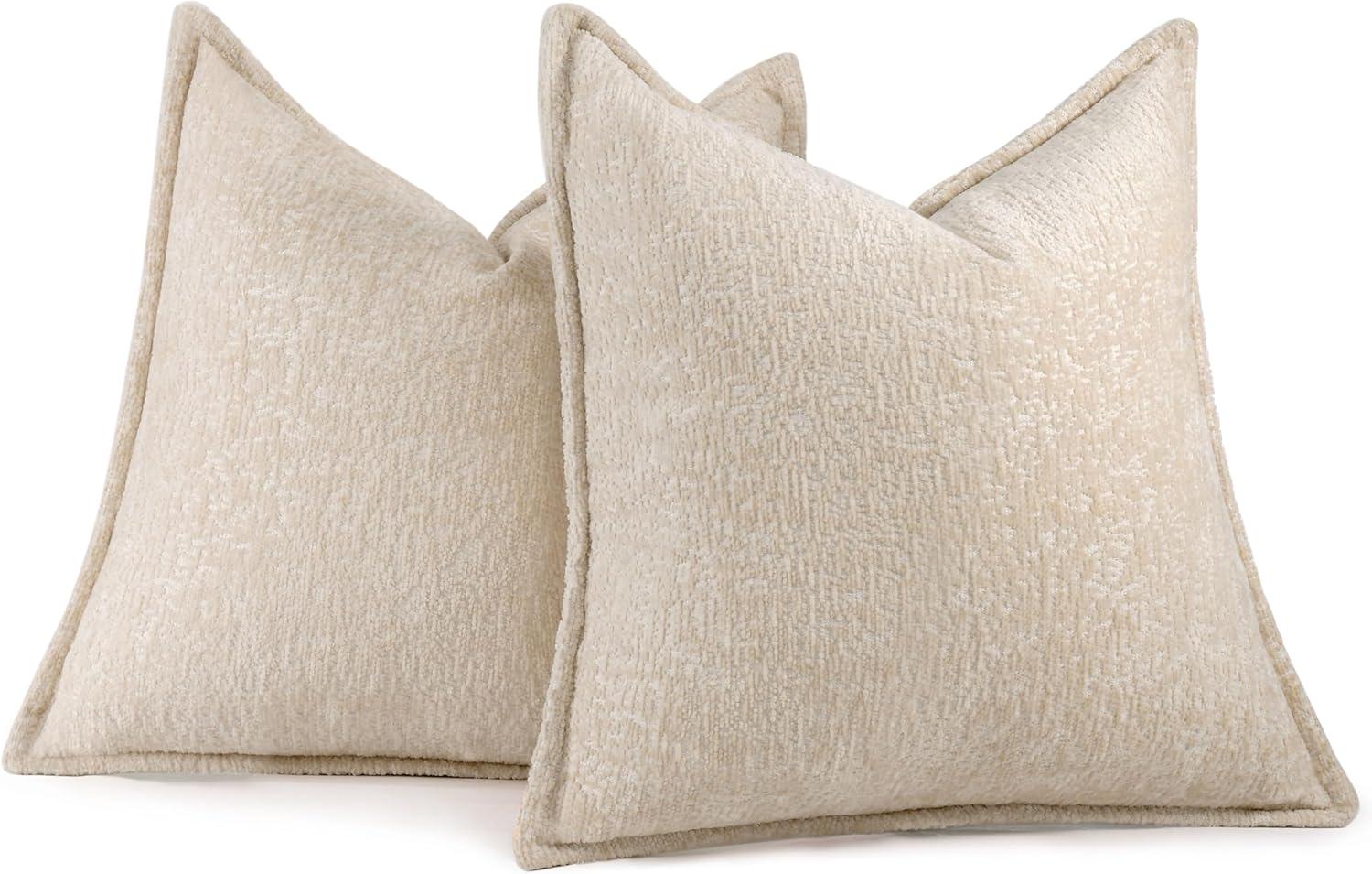 Beige Chenille 20" Square Throw Pillow Covers, Set of 2