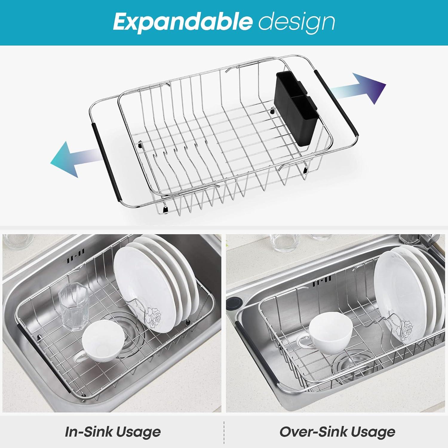 Compact Expandable Over The Sink Dish Drying Rack with Utensil Holder | 304 Stainless Steel Racks for Kitchen Counter, Space-Saving, Rustproof Drainer/Sink Organizer