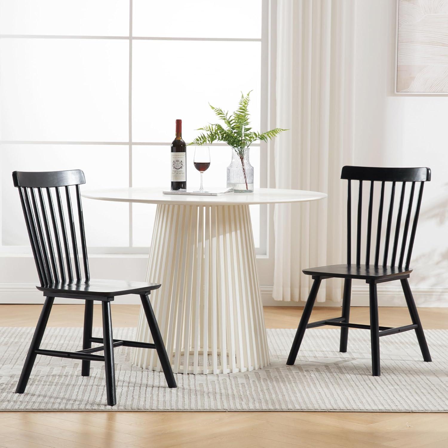 Black Solid Wood Windsor Side Chair Set with Slat Back