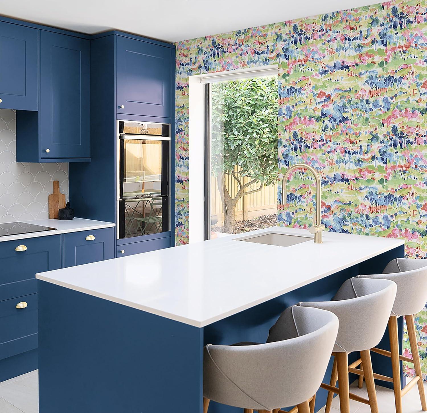 Surface Style - Peel and Stick Wallpaper, Abstract Wallpaper for Bedroom, Powder Room, Kitchen, Vinyl, 30.75 Sq Ft Coverage (Water Coloring Collection, Spring)