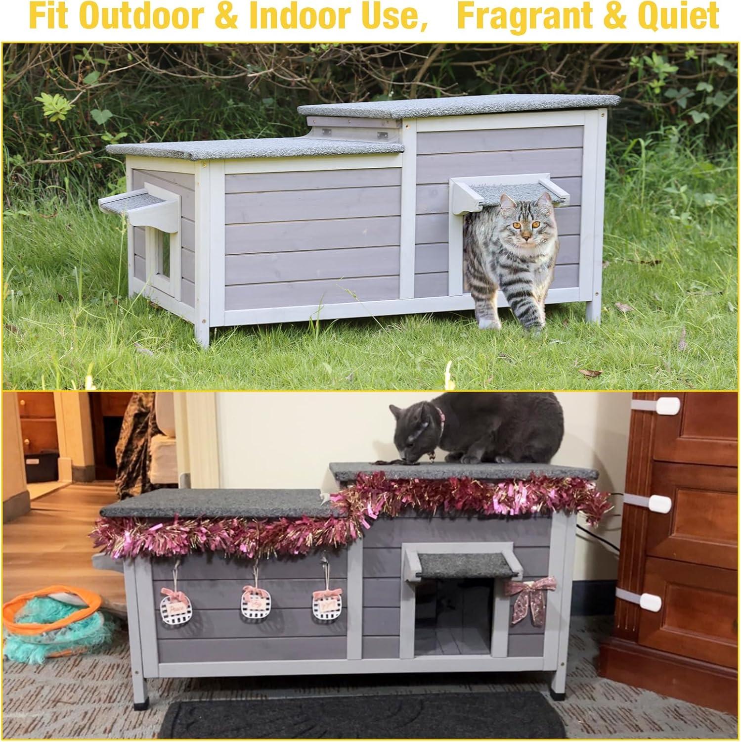 Gray and White Wooden Double Room Outdoor Cat House