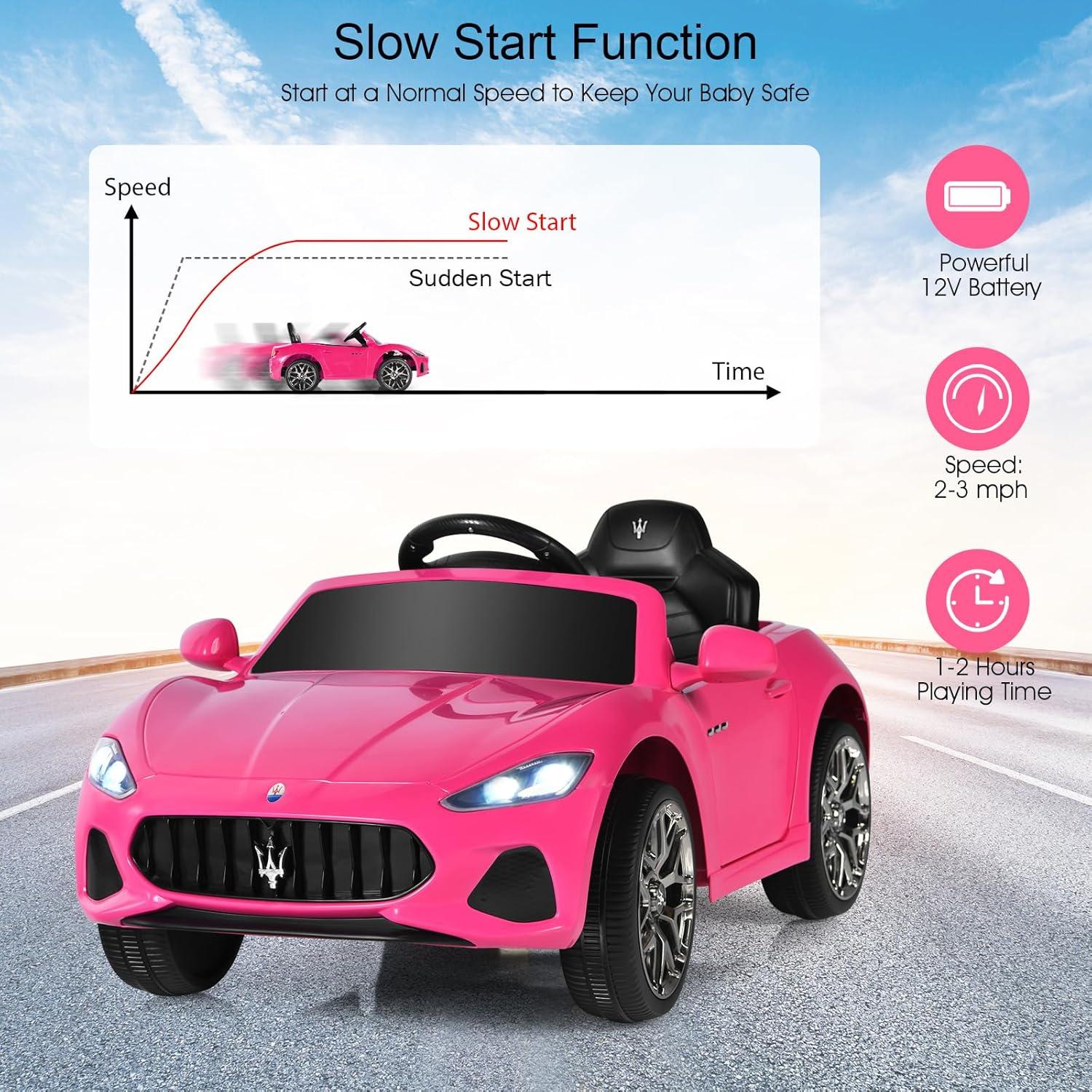 Joywhale 12V Kids Ride on Car Licensed Maserati Battery Powered Electric Vehicle for Kids Ages 3-6, with 2.4G Remote Control, Metal Suspension, Safety Belt, Bright Headlights, Music & FM, Pink