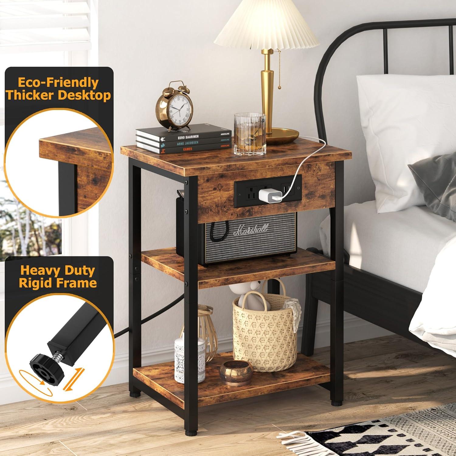 Rustic Brown 3-Tier End Tables with USB Charging Station