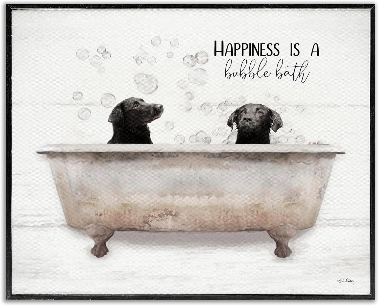 Happiness is a Bubble Bath Dog Quote Black Framed Wall Art