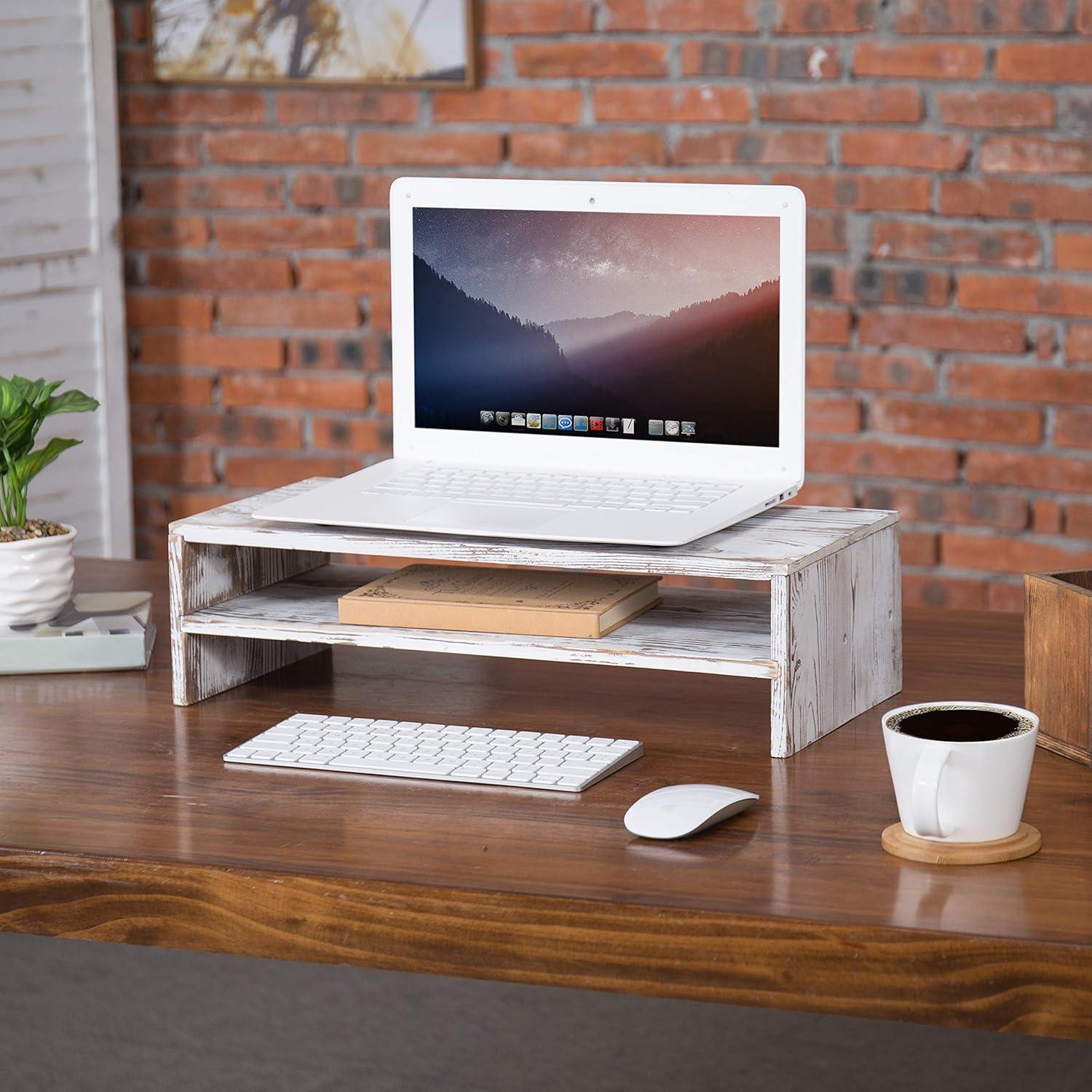 Rustic Whitewashed Wood 2-Tier Monitor Riser Stand