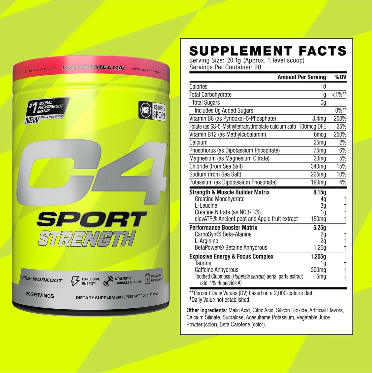 C4 Sport Strength Pre-Workout Powder, Watermelon, 60 Servings