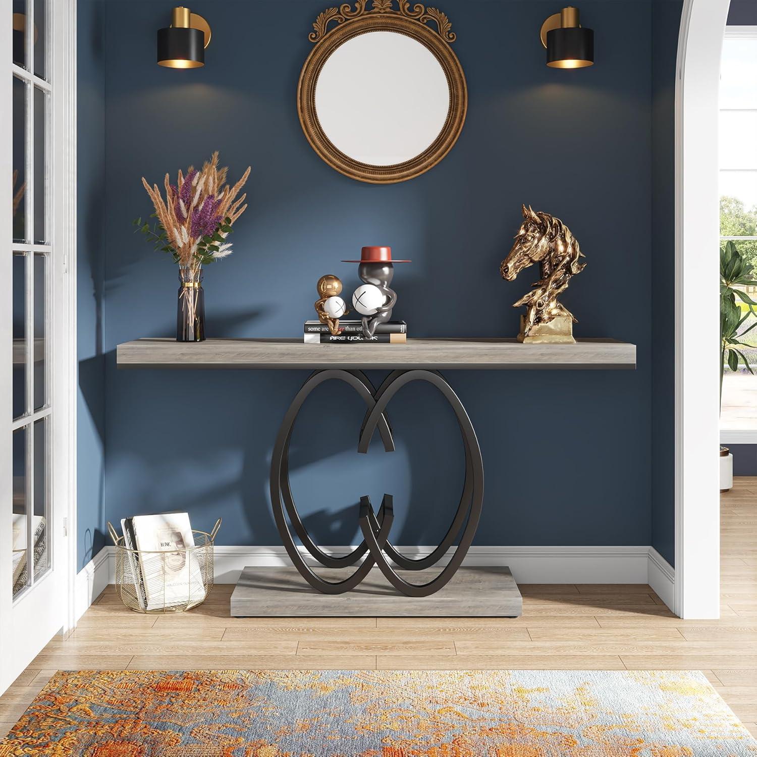 Gray Faux Marble and Black Metal Console Table with Geometric Base