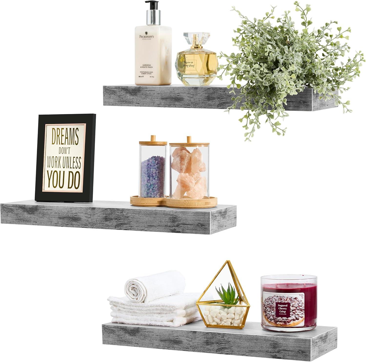 3 Pack 16 Inch Sorbus Rustic Floating Shelves - for Bedroom, Kitchen, Living Room, Office - Floating Shelf for Trophies, Books, Frames, etc