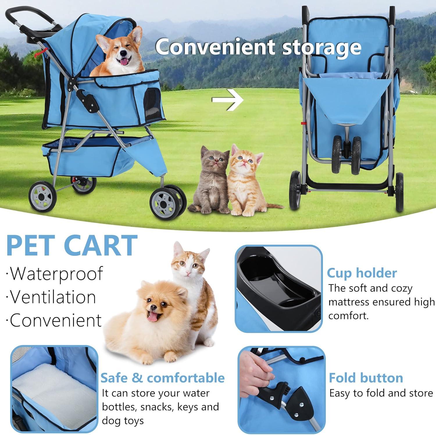 ToccoLeggero Pet Stroller Foldable Dog Stroller 3-Wheel Durable Cat Jogger Stroller For Small And Medium Dogs Cats With Washable Liner Storage Basket Cup Holder