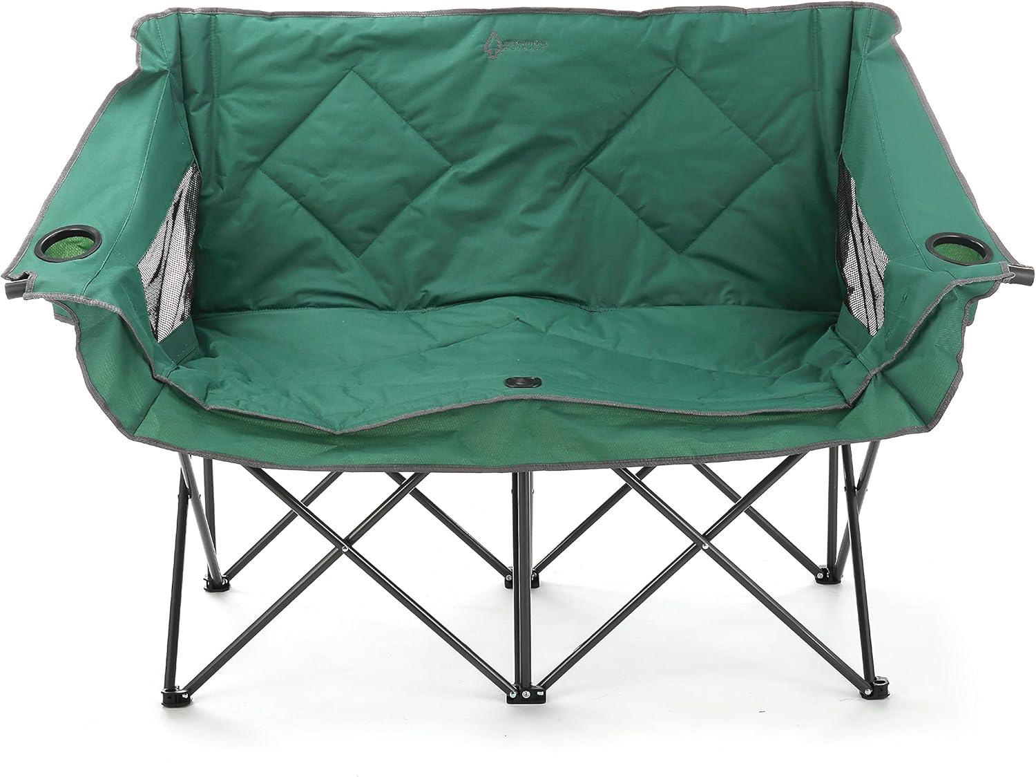 Arrowhead Outdoor Portable Folding Double Duo Camping Chair Loveseat Couch w/ 2 Cup & Wine Glass Holder, Supports up to 500lbs (Forest Green)