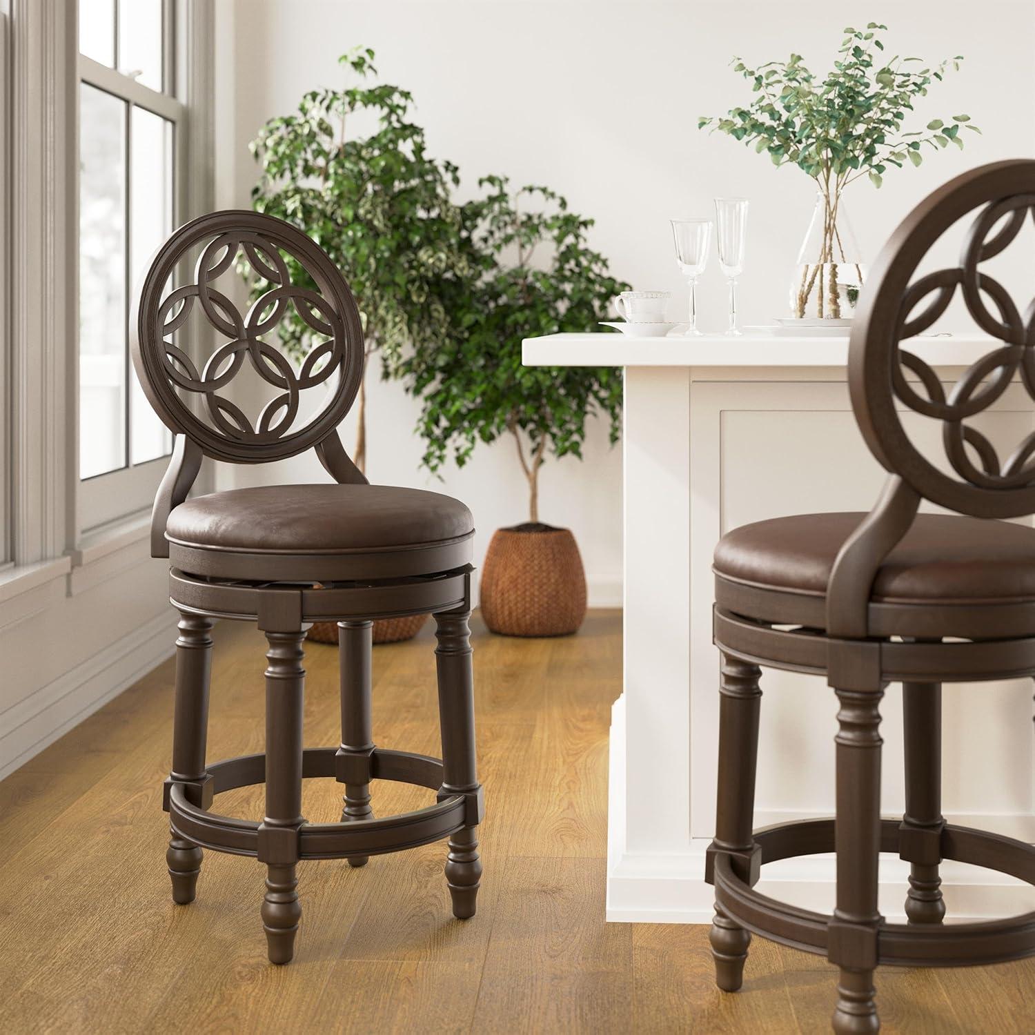 Distressed Walnut 26in Swivel Counter-Height Stool with Leather Seat