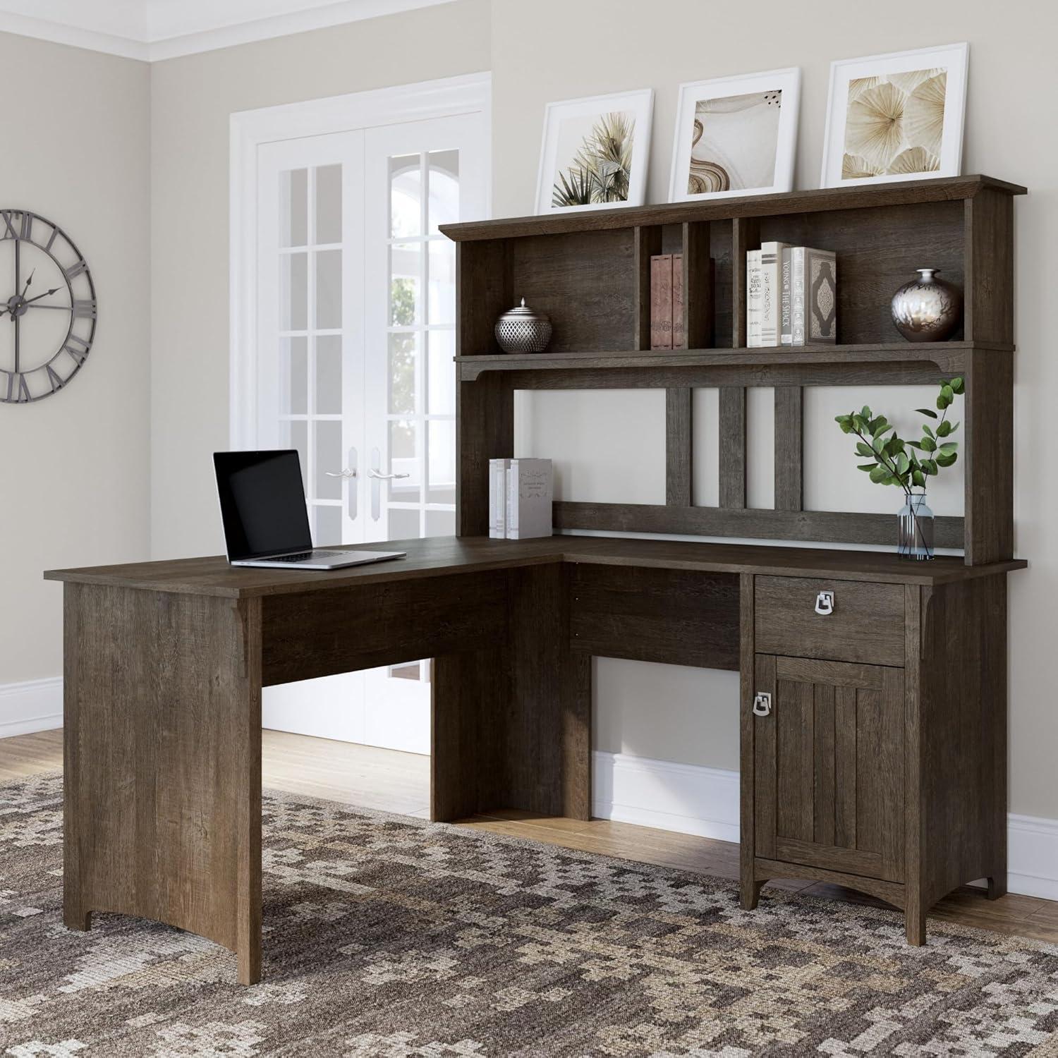 Bush Furniture Salinas Farmhouse 60 in L Shape Desk with Hutch, Box Drawer and Storage Cabinet in Ash Brown (Ships in 2 boxes)