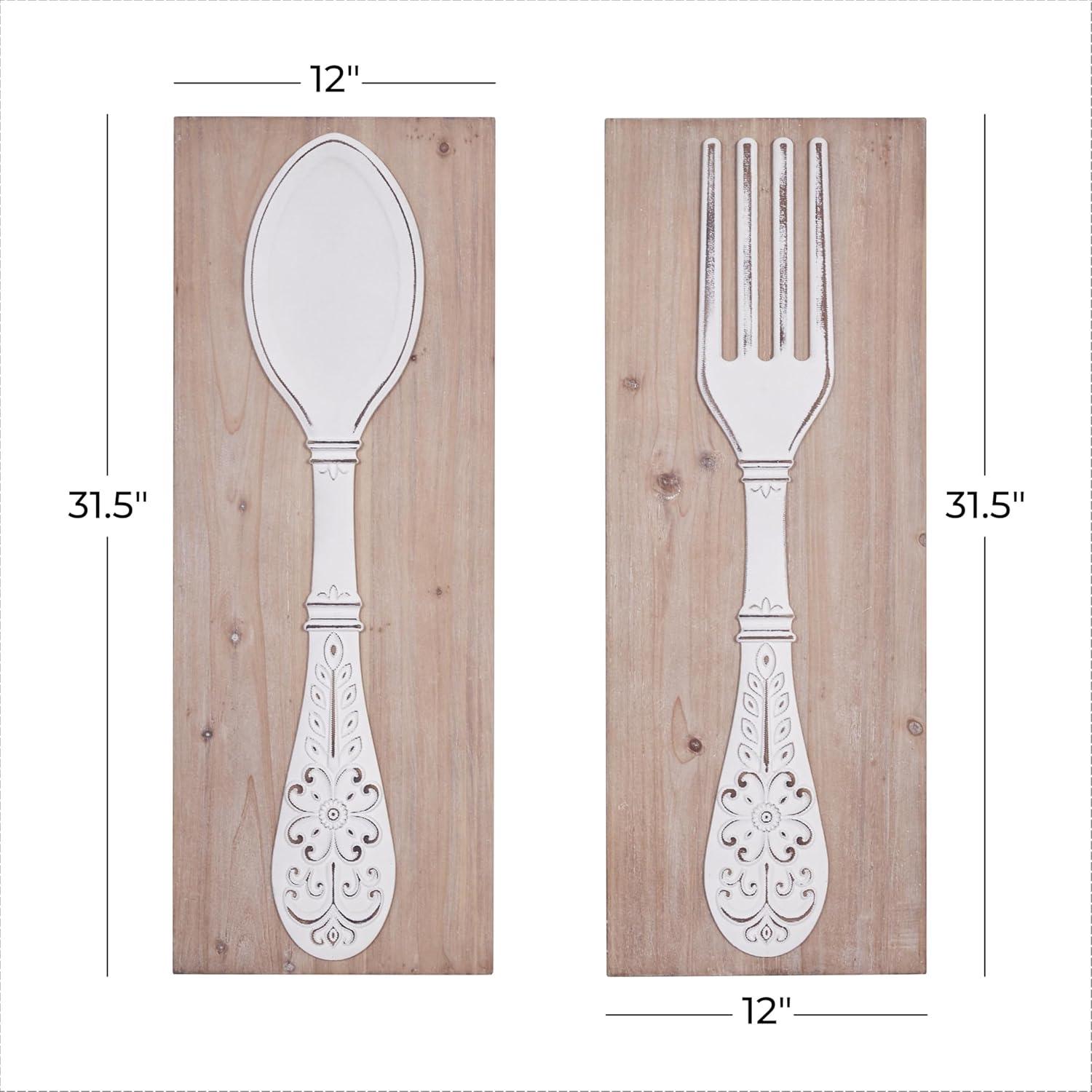 DecMode Brown Wooden Utensils Wall Decor with Carved White Floral Designs (2 Count)