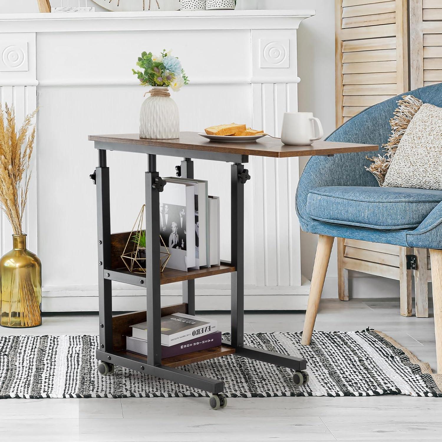 17 Stories Hadulcet C Shaped Side Table Adjustable, Height Adjustable C Table With Wheels And Storage Shelves For Couch Bed Recliner Rustic Brown