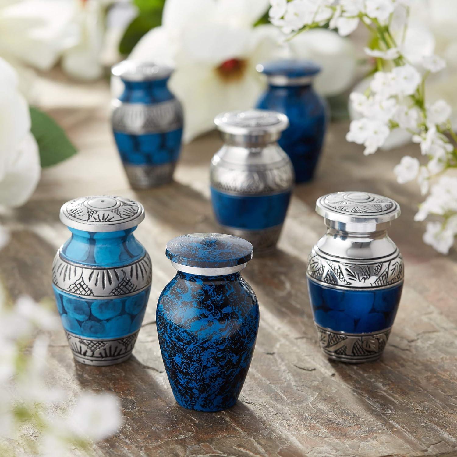 6-Piece Decorative Miniature Keepsake Memorial Urns, Blue and Silver