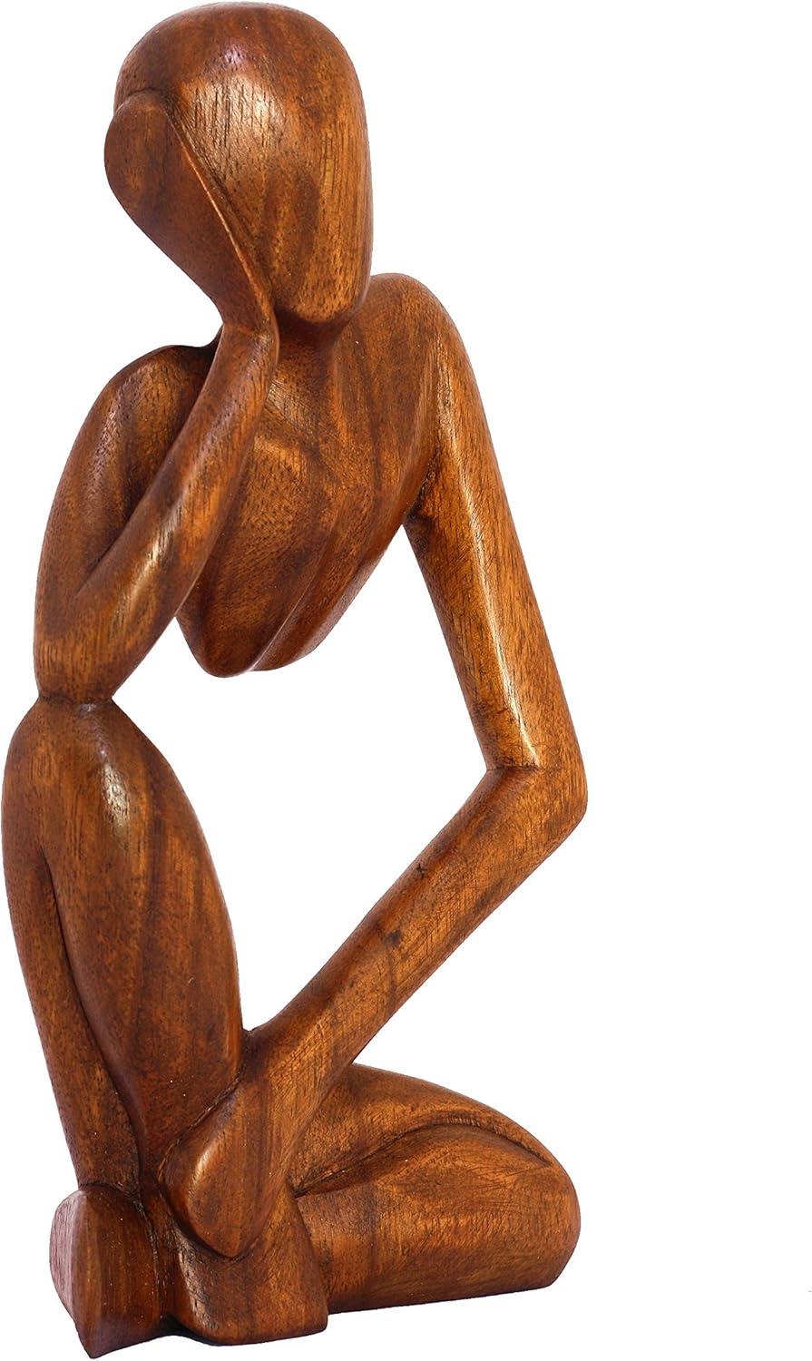 12" Wooden Handmade Abstract Sculpture Statue Handcrafted "Thinking Man" Gift Art Decorative Home Decor Figurine Accent Decoration Artwork Hand Carved Color: Brown