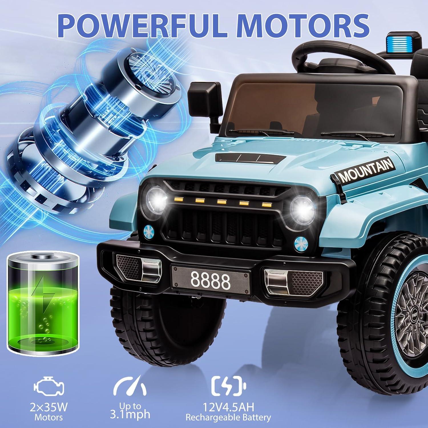 Huloretions Kids 12V Ride On Car, Hetoy Battery Powered Electric Truck Car w/Parent Remote Control, Spring Suspension, 3 Speeds, LED Lights, Music & Horn, Kids Electric Vehicles Toy Gift for Boys Girl