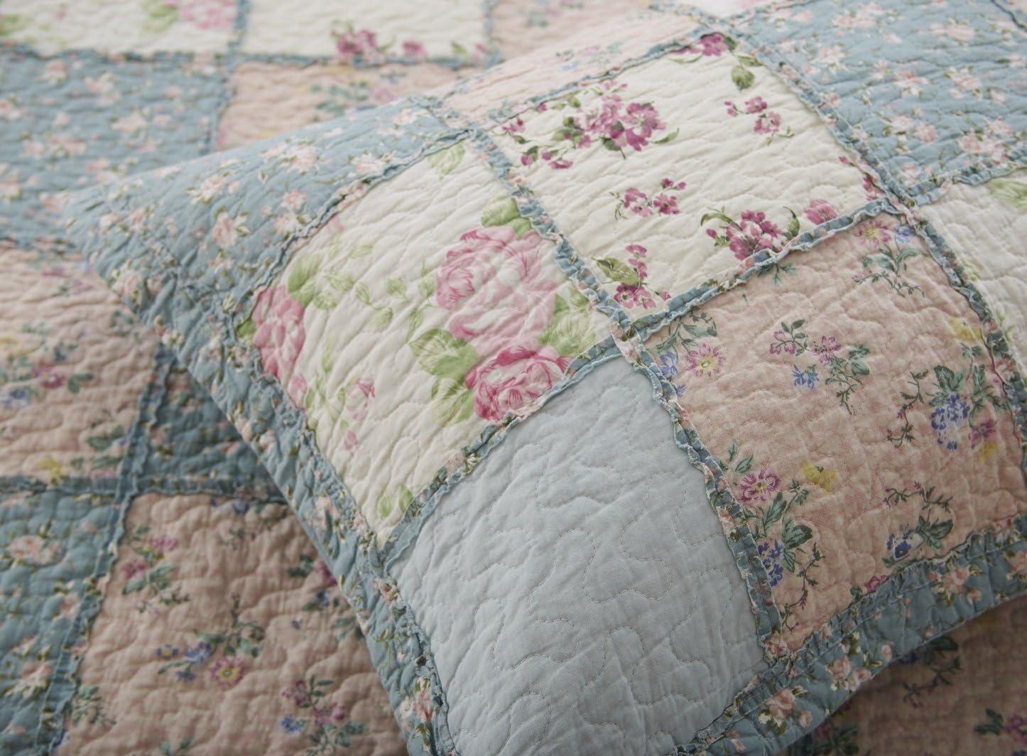 Chezmoi Collection 3-Piece Floral Pre-Washed Cotton Ruffle Trim Patchwork Quilt Set, Queen