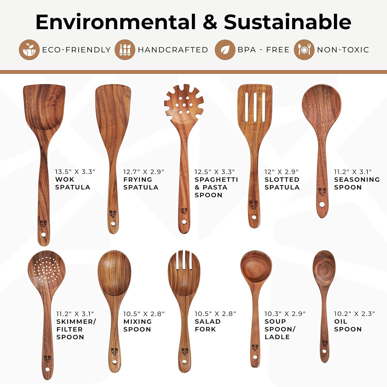 Wooden Spoons for Cooking, 10 Pcs Teak Wood Cooking Utensil Set ‚ Wooden Kitchen Utensils for Nonstick Pans & Cookware ‚ Sturdy, Lightweight & Heat Resistant