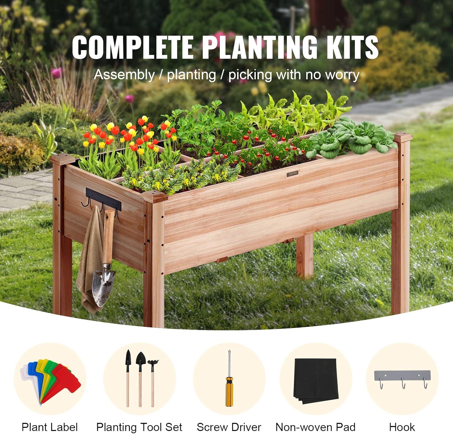 Natural Fir Wood Elevated Garden Bed with Tools and Liner