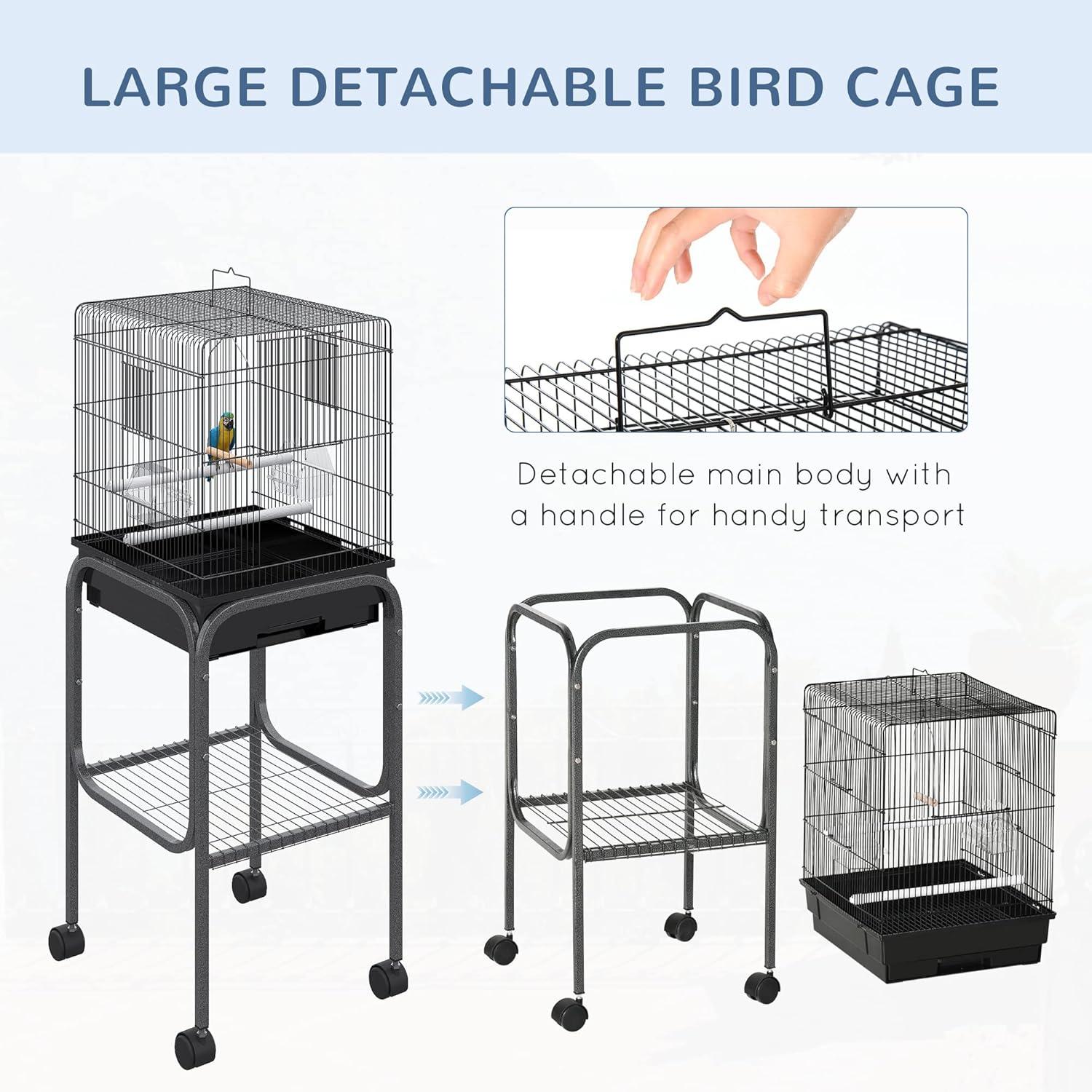 PawHut 44.5" Metal Indoor Bird Cage Starter Kit With Detachable Rolling Stand, Storage Basket, And Accessories - Black