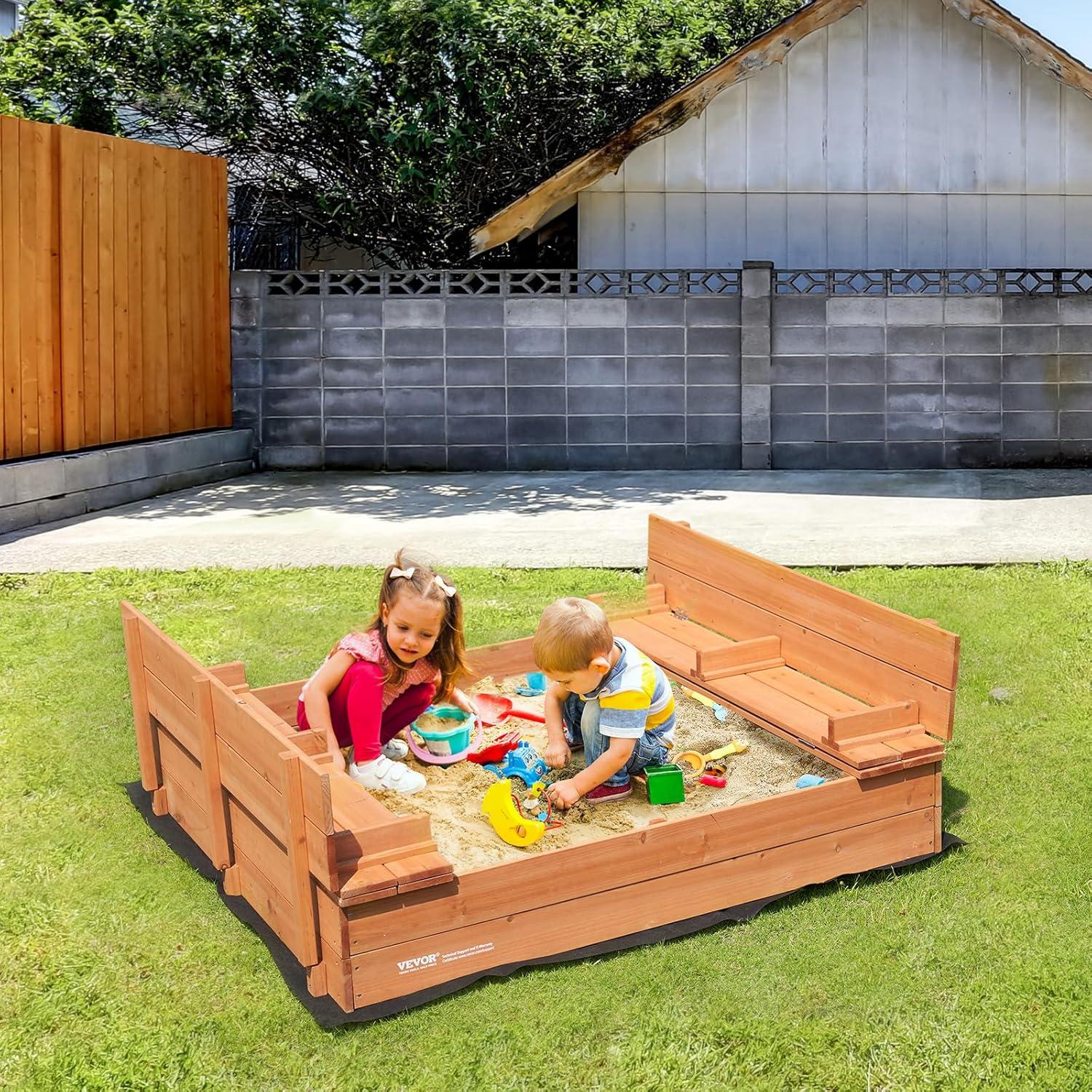 Natural Fir Wood Square Sandbox with Foldable Bench Seats