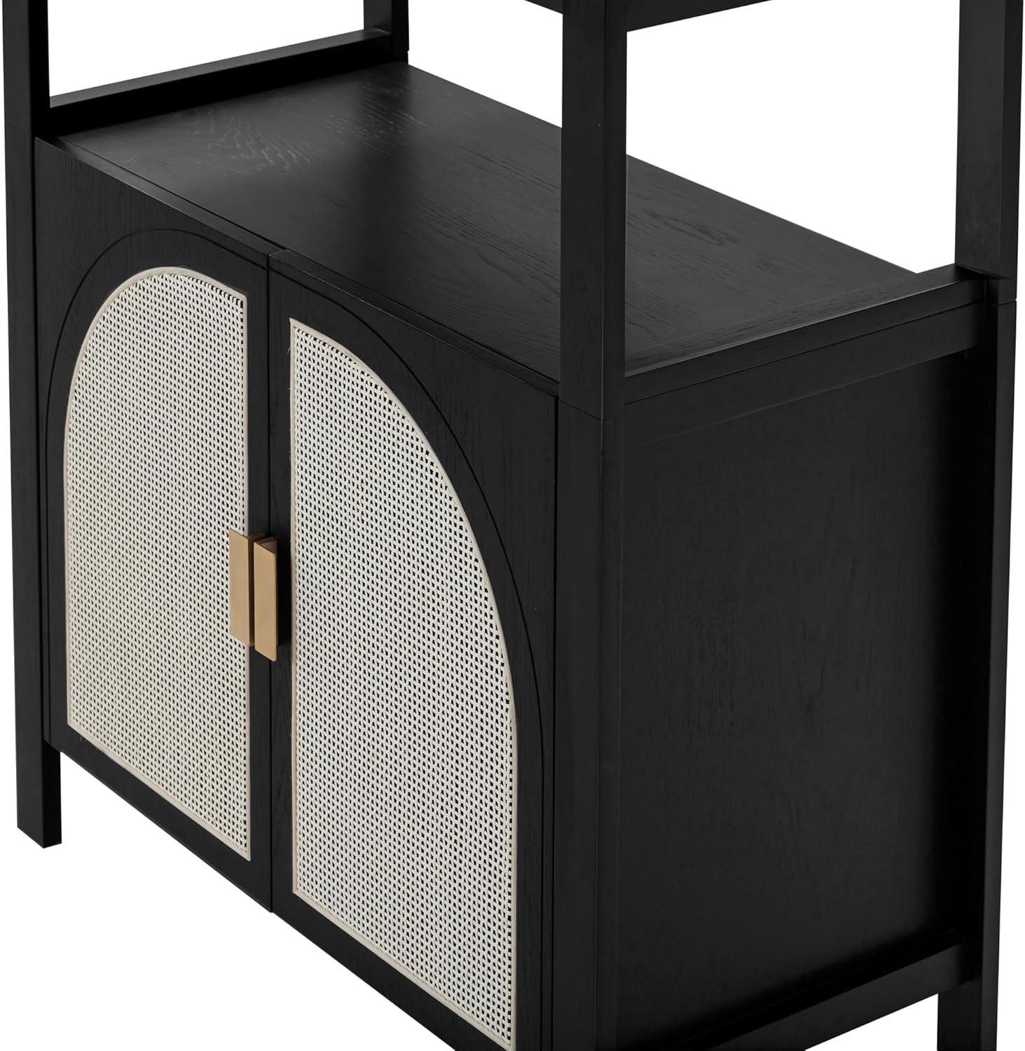 Nathan James Paxton Boho Bookshelf Cabinet with Solid Wood Frame Rattan Bookshelf with Cabinet Base, Arched Bookcase Cabinet for Living Room or Home Office, Black Oak