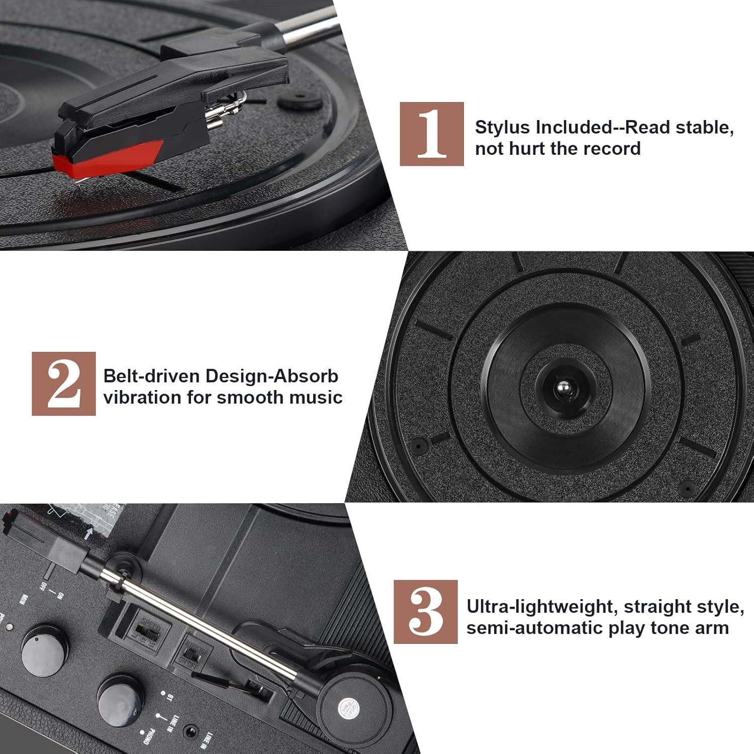 DIGITNOW Bluetooth Record Player 3 Speeds Turntable with Built-in Stereo Speakers, Suitcase Design - Black