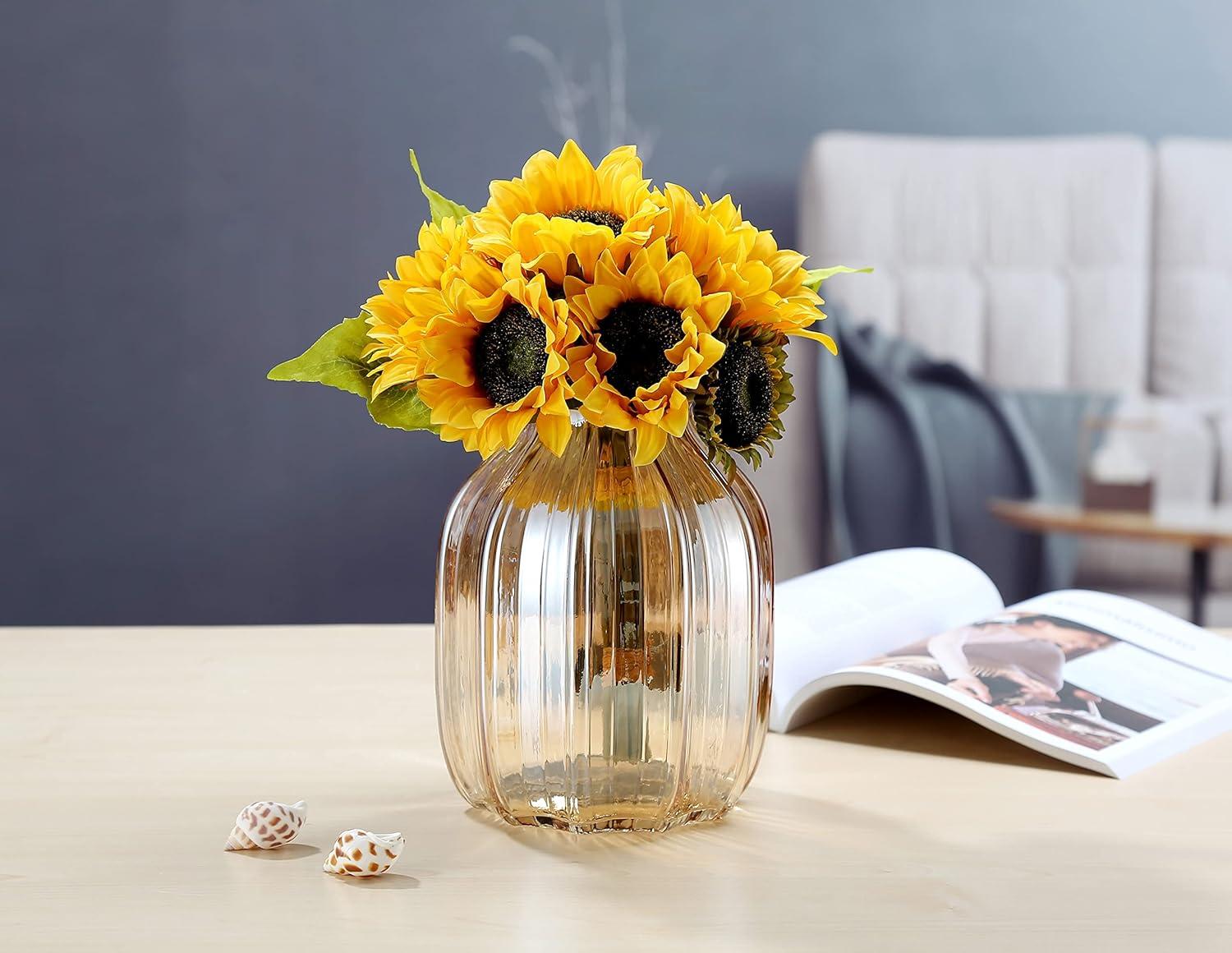 Amber Ribbed Glass Cylindrical Decorative Vase