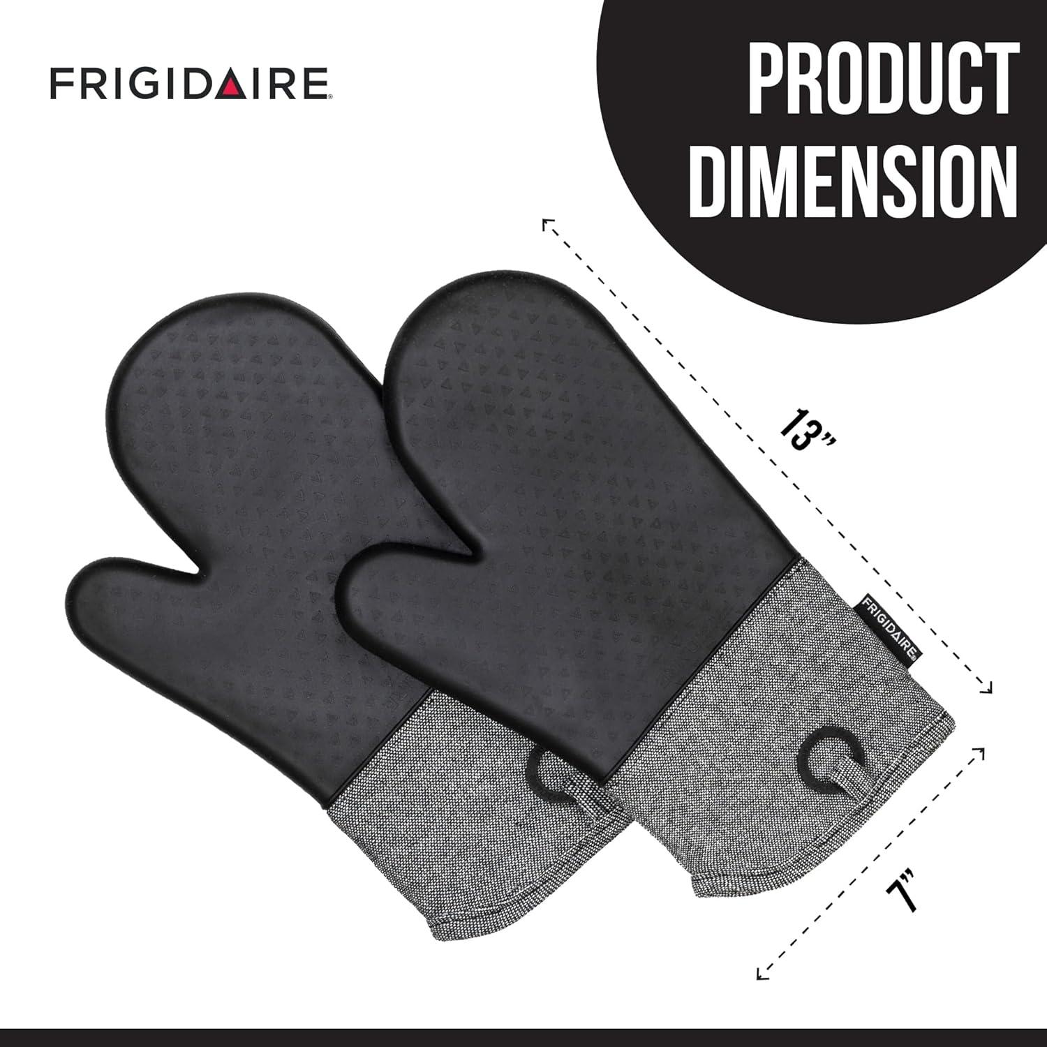 Frigidaire Sasha Cotton and Silicone Oven Mitts, Heat Resistant, Anti-Slip, Machine Washable, 13”x 7 “,Black, Set of 2