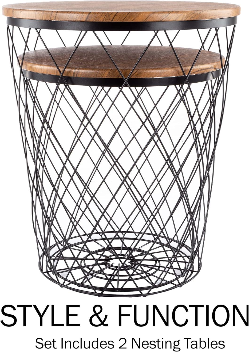 Rustic Brown and Black 24" Round Wood and Metal Nesting End Tables with Storage - Set of 2