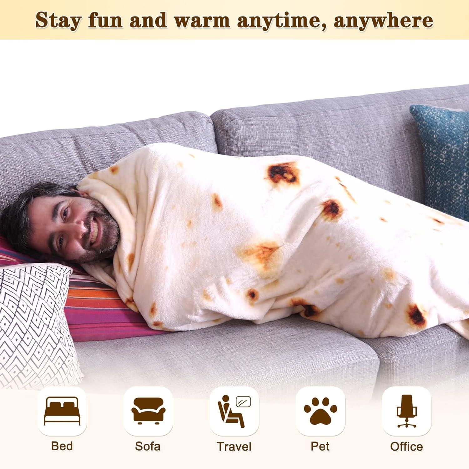 Burritos Tortilla Throw Blanket 2.0 Double Sided 71 inches for Adult and Kids, Giant Funny Realistic Food Blankets, 285 GSM Novelty Soft Flannel Taco Blanket (Yellow -Double Sided)