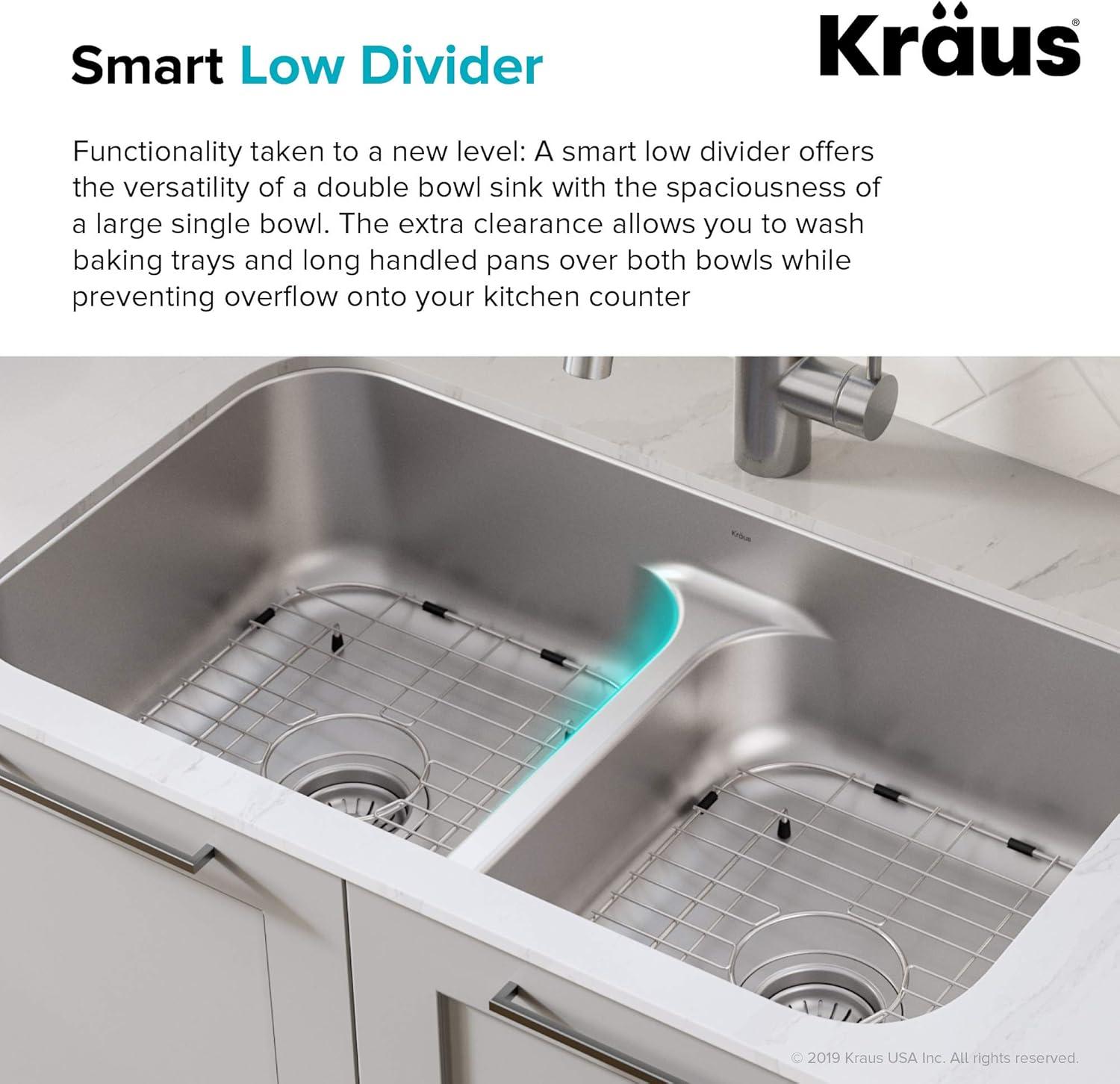 KRAUS Premier 32-inch L 16 Gauge Undermount 50/50 Double Bowl Stainless Steel Kitchen Sink