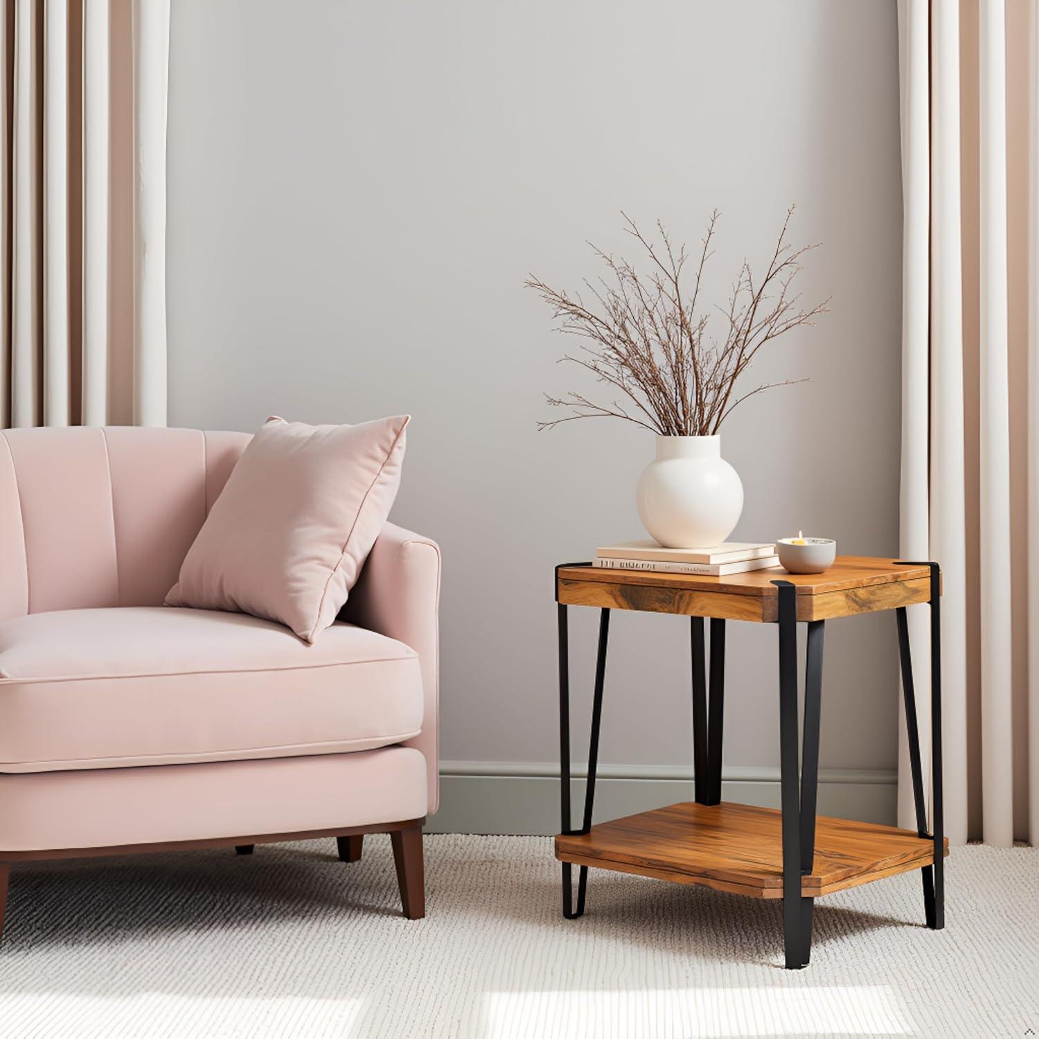 Alaterre Furniture 28" Ryegate Natural Brown Live Edge Solid Wood End Table Metal And Wood