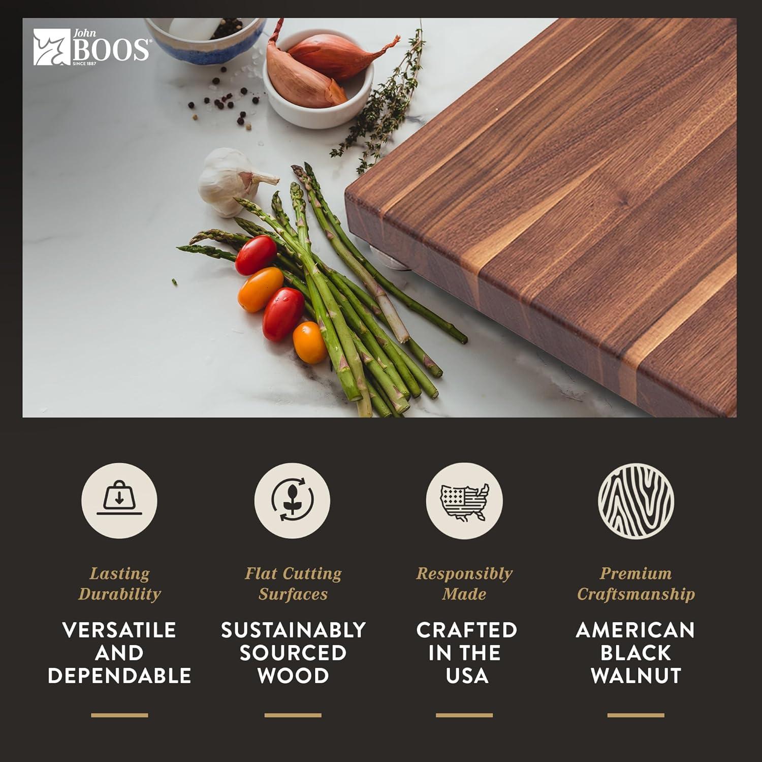 John Boos Cutting Board for Kitchen, 1.5 Inches Thick Edge Grain Square Boos Chopping Block with Wooden Bun Feet