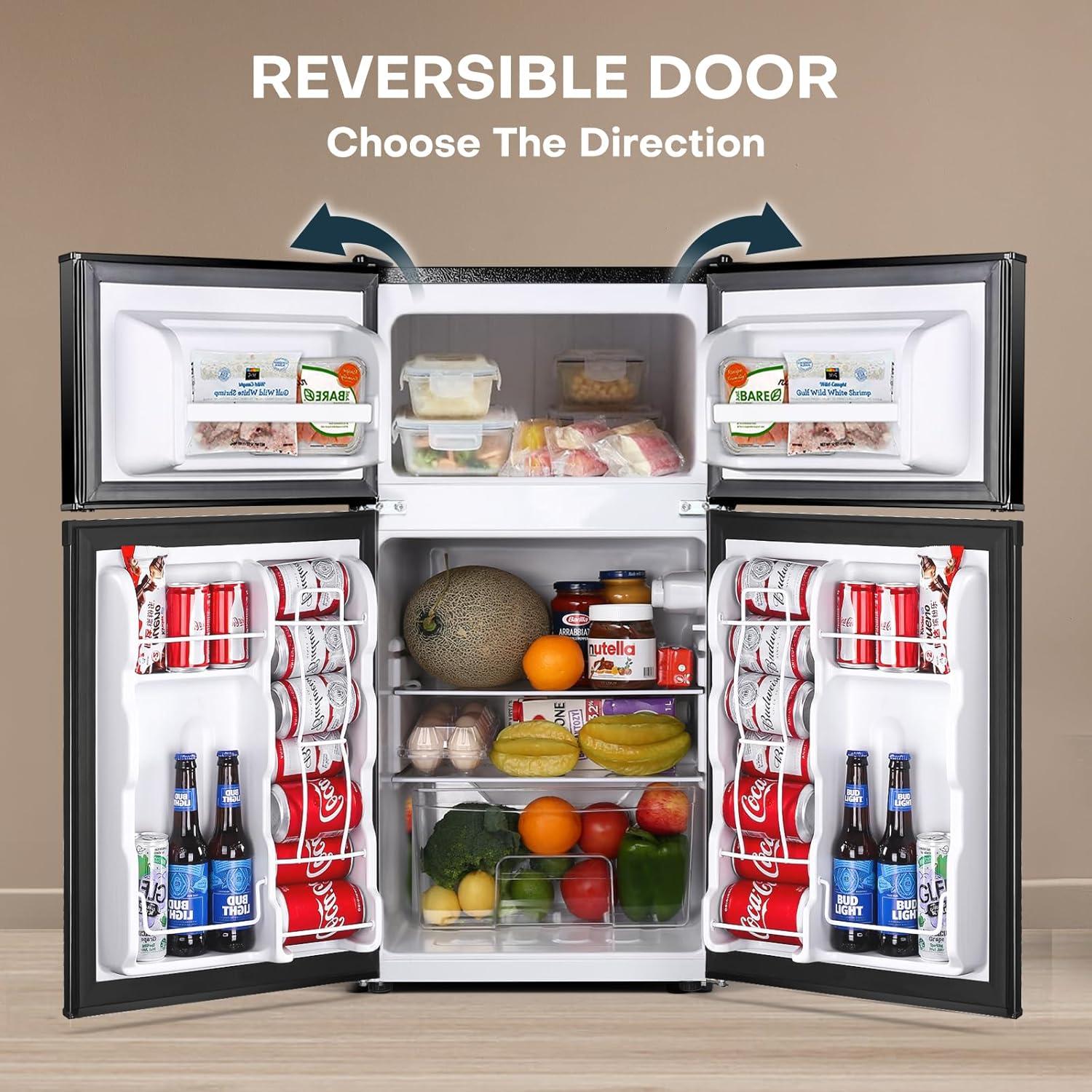 Upstreman 3.2 Cu.ft Mini Fridge with Freezer, Double Door Refrigerator-Classic Stainless
