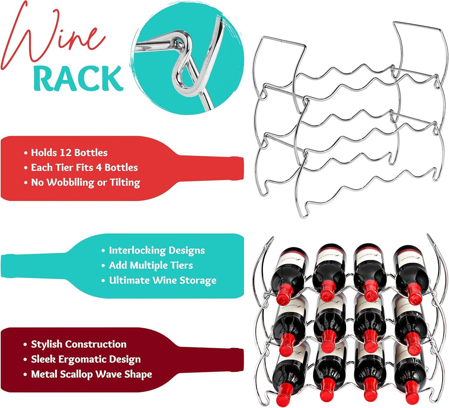 Silver 3-Tier Stackable Metal Wine Rack for 12 Bottles