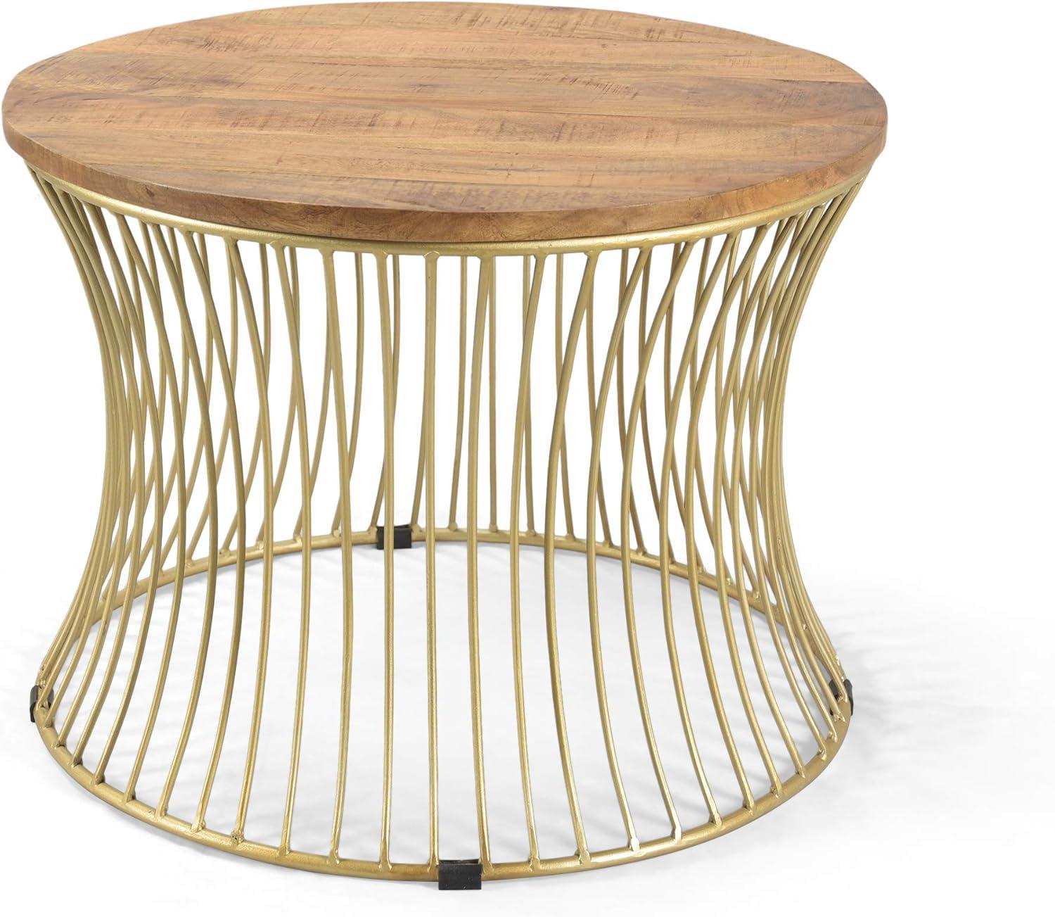 GDF Studio Fenkell Boho Handmade Mango Wood and Iron Coffee Table, Natural and Gold