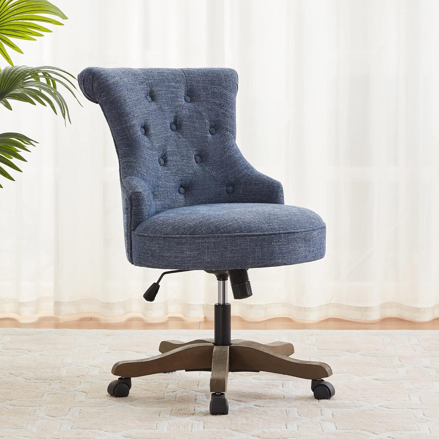 Blue Linen Upholstered Swivel Office Chair with Wooden Legs