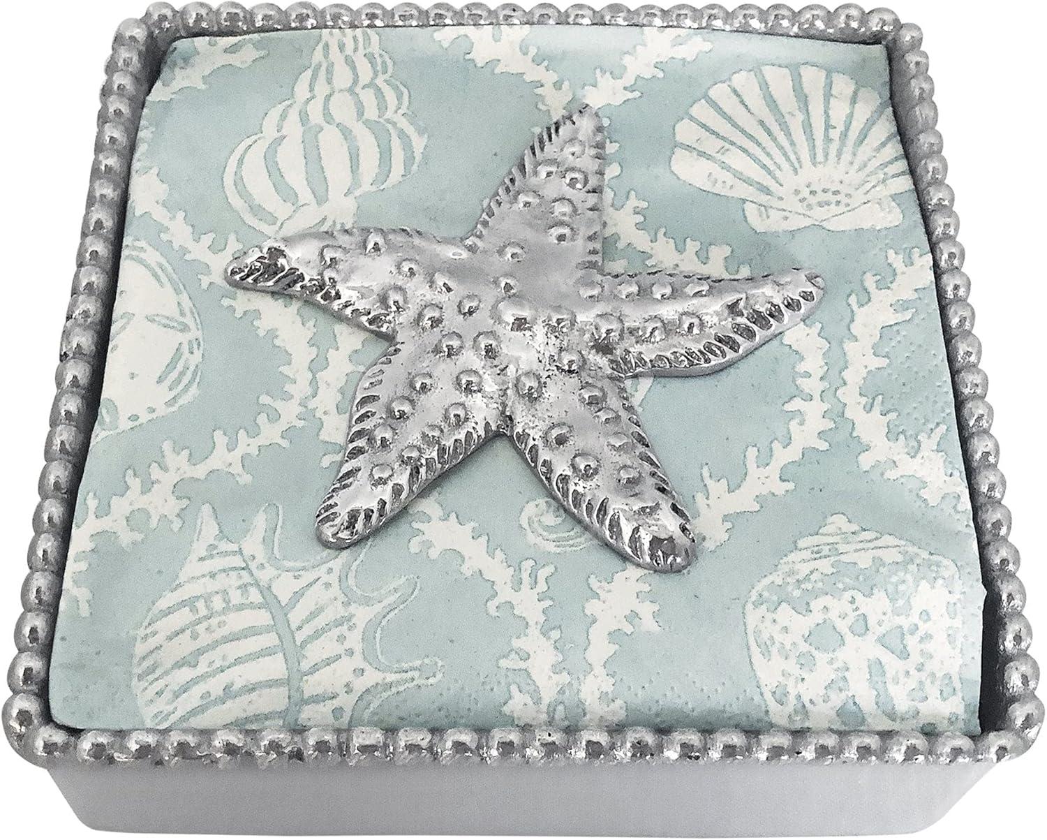 Silver Sea Star Beaded Napkin Box with Aqua Shell Napkins