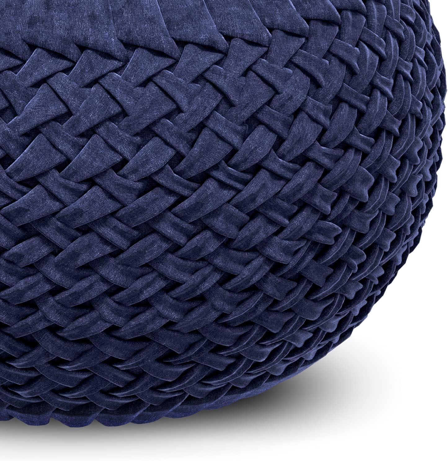 Simpli Home Grafton Transitional Round Pouf in Dark Blue Velvet Fabric