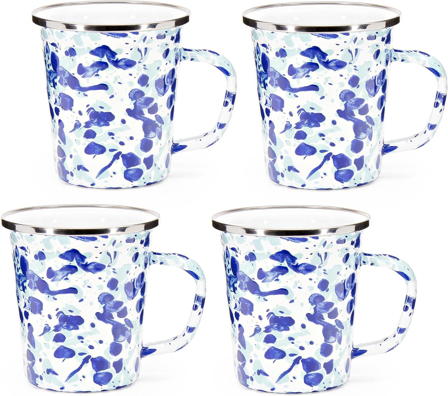 Set of 4 Blue and White Enamel Latte Mugs